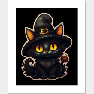 Black Cat In Witches Hat - Black Cats Spooky Halloween Posters and Art